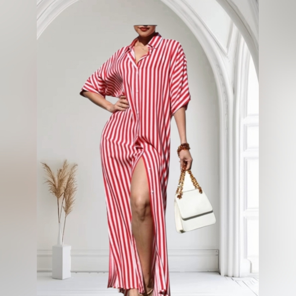 Elegant Striped Maxi Dress in Red and White Plus Size 3XL